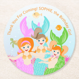 マーメイドと友達のガーリー誕生日パーティー ラウンドペーパーコースター