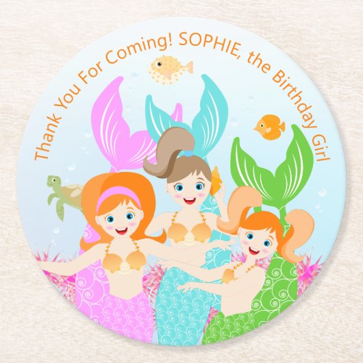 マーメイドと友達のガーリー誕生日パーティー ラウンドペーパーコースター (正面)