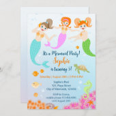 マーメイドと友達のガーリー誕生日パーティー 招待状 (正面/裏面)