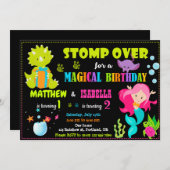 マーメイドと恐竜の誕生日の招待状のジョイント 招待状 (正面/裏面)