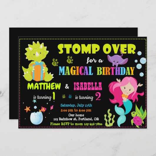マーメイドと恐竜の誕生日の招待状のジョイント 招待状 (正面/裏面)