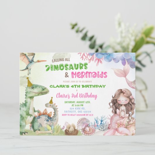 マーメイドと恐竜ツインズジョイント誕生日 招待状 (スタンド正面)