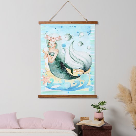 マーメイドと魚の海の生命の水のカラーアート 吊り下げ型タペストリー (寝室)