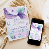 マーメイドのテールファイブバースデーパーティーにダイビング 招待状