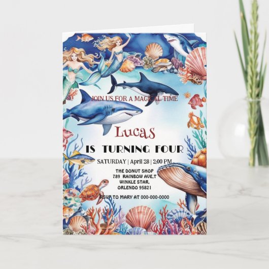 マーメイドのレインボーお洒落タメの誕生日 招待状 (正面)