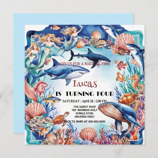 マーメイドのレインボーお洒落タメの誕生日 招待状 (正面/裏面)