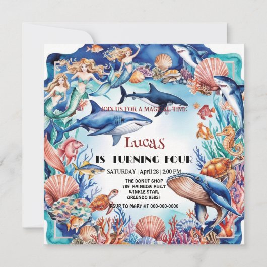 マーメイドのレインボーお洒落タメの誕生日 招待状 (正面)