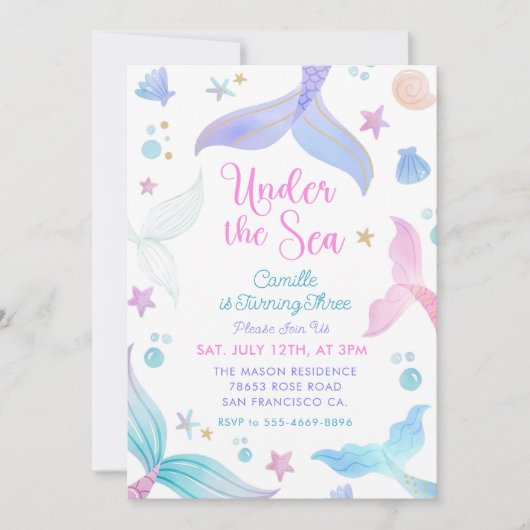 マーメイドの三番目の誕生日が海の下 招待状 (正面)