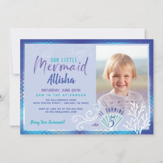 マーメイドの下の海ブルー&パープル写真 招待状 (正面)