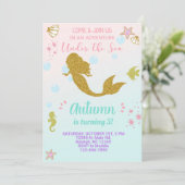 マーメイドの女の子の誕生日の招待、金ゴールド。 招待状 (スタンド正面)