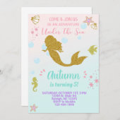 マーメイドの女の子の誕生日の招待、金ゴールド。 招待状 (正面/裏面)