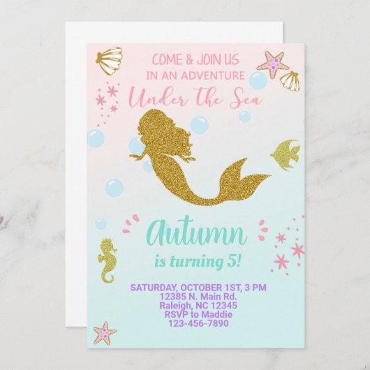 マーメイドの女の子の誕生日の招待、金ゴールド。 招待状 (正面/裏面)