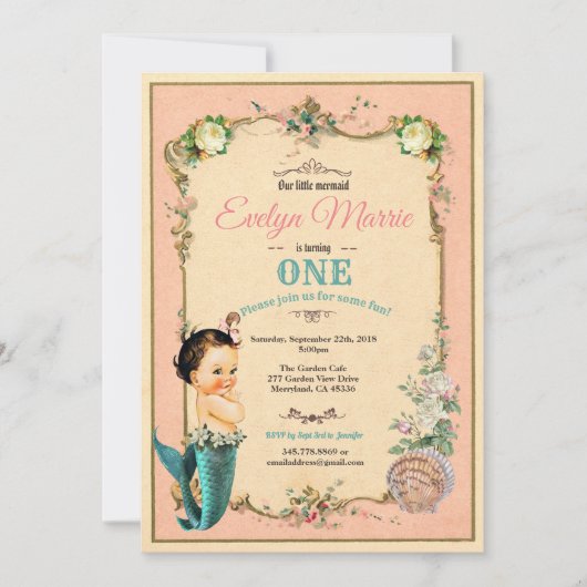 マーメイドの最初の誕生日の招待ピンク1日 招待状 (正面)