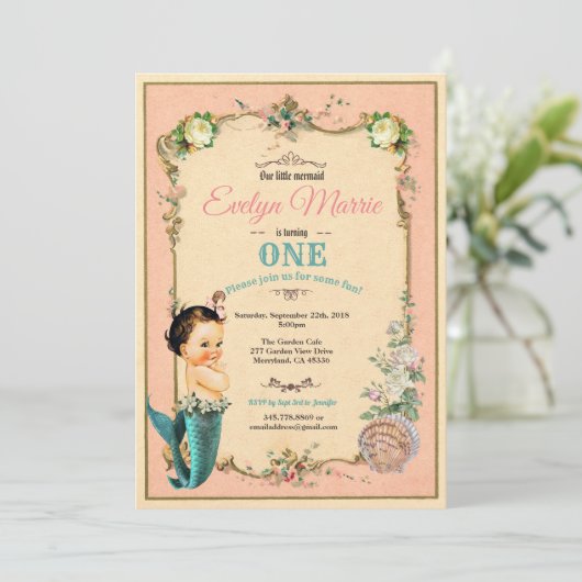 マーメイドの最初の誕生日の招待ピンク1日 招待状 (スタンド正面)