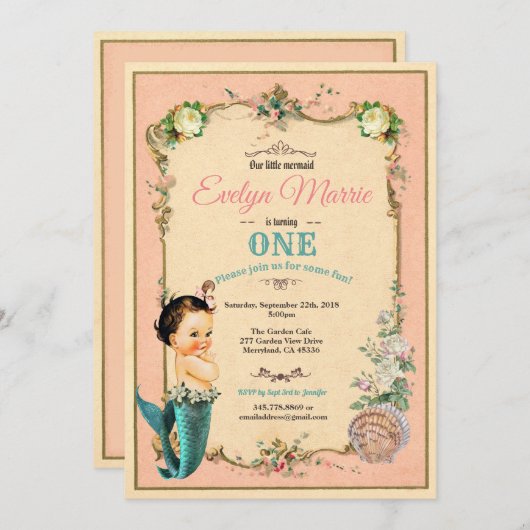 マーメイドの最初の誕生日の招待ピンク1日 招待状 (正面/裏面)