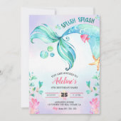 マーメイドの水の色のスプラッシュかわいい誕生日 招待状 (正面)