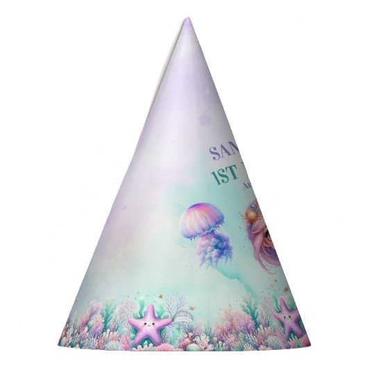 マーメイドの水色パープルターコイズ1歳の誕生日 パーティーハット (左)