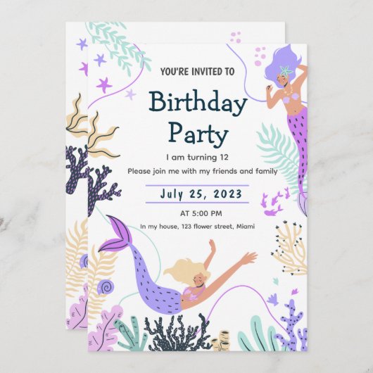 マーメイドの海の誕生日パーティーへの招待 招待状 (正面/裏面)