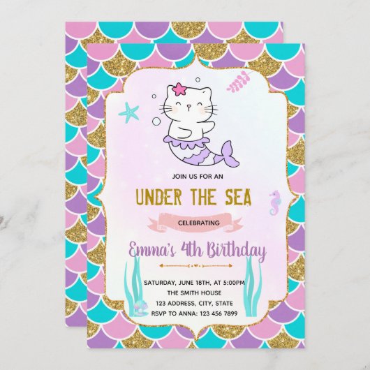 マーメイドの猫誕生日招待状 招待状 (正面/裏面)