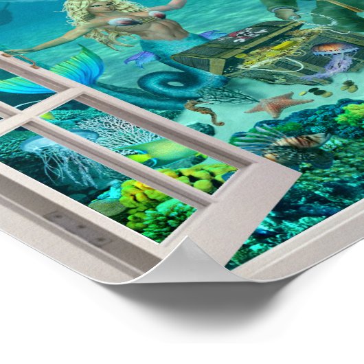 マーメイドの珊瑚礁の宝のフェイクウィンドウ ポスター (角)