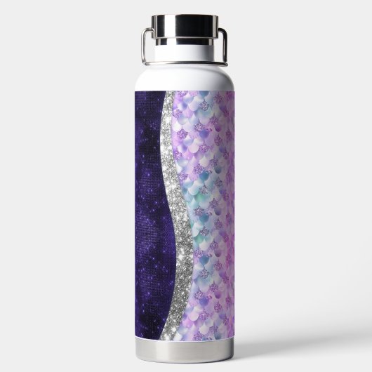マーメイドの皮膚パープルシルバーフェイクグリッターモノグラム ウォーターボトル (背面)