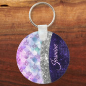 マーメイドの皮膚パープルシルバーフェイクグリッターモノグラム キーホルダー (正面)