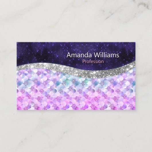マーメイドの皮膚パープルシルバーフェイクグリッターモノグラム 名刺 (正面)