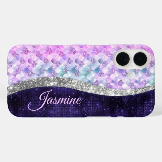 マーメイドの皮膚パープルシルバーフェイクグリッターモノグラム Case-Mate iPhoneケース (裏面 (横))