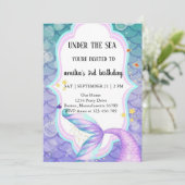 マーメイドの紫と青の誕生日の尾 招待状 (スタンド正面)