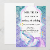 マーメイドの紫と青の誕生日の尾 招待状 (正面/裏面)