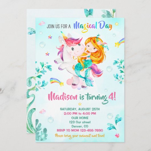 マーメイドの誕生日の招待ガールマジカルパーティーの日 招待状 (正面/裏面)