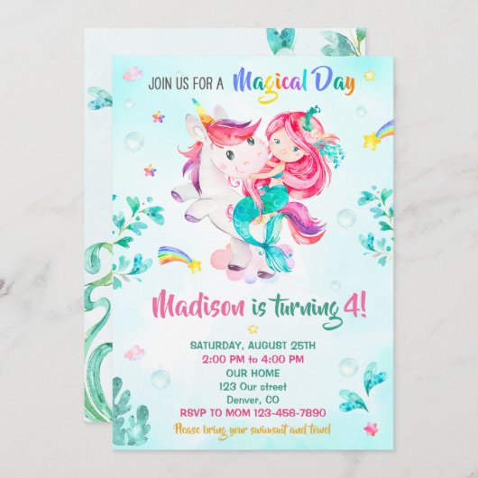 マーメイドの誕生日の招待ガールマジカルパーティーの日 招待状 (正面/裏面)