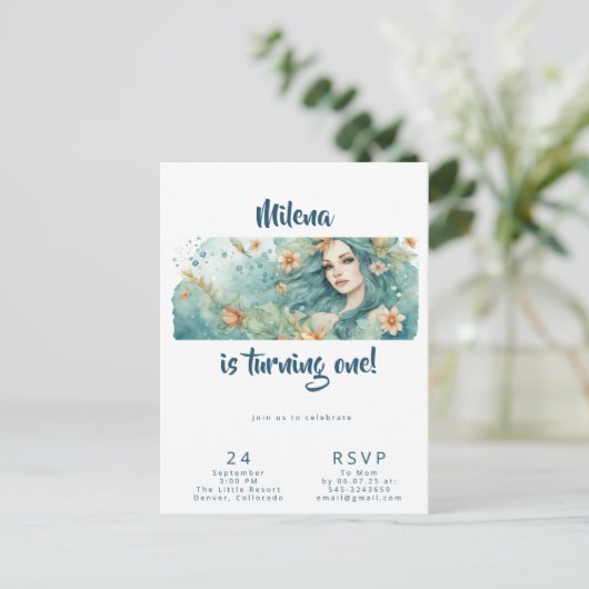 マーメイドの誕生日パーティーの招待 ポストカード (スタンド正面)