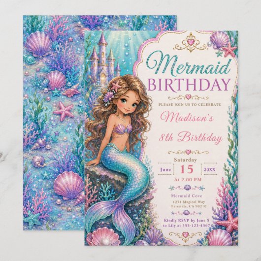 マーメイドの誕生日パーティー 招待状 (正面/裏面)