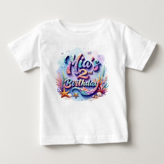 マーメイドの誕生日Tシャツ – 名前と年齢のカスタマイズ ベビーTシャツ (正面)