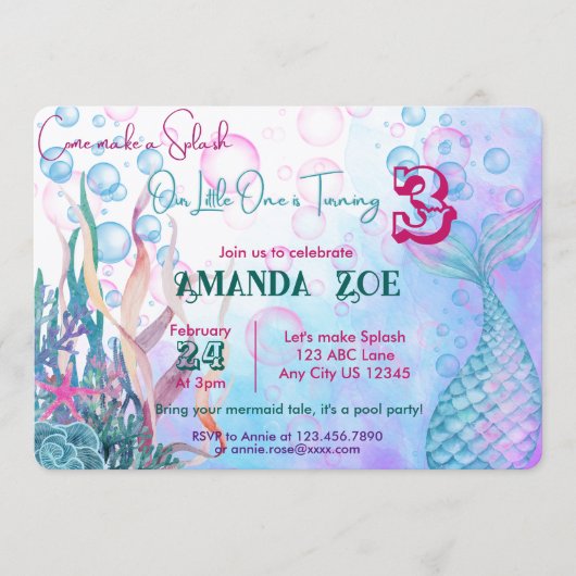 マーメイドの飛沫が舞うような招待状を作りましょう！ 招待状 (正面)