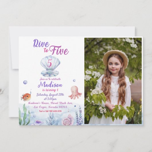 マーメイドの5歳誕生日パーティーの写真 招待状 (正面)