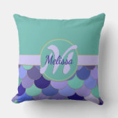 マーメイドはかりで測アクアティール（緑がかった色）&パープルモノグラム名 クッション (正面)