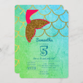 マーメイドはかりで測ティール(緑がかった色)ターコイズグリッター誕生日 招待状 (正面/裏面)