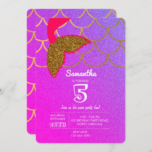 マーメイドはかりで測ピンクパープルグリッター誕生日 招待状 (正面/裏面)