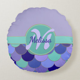 マーメイドはかりで測モノグラム+ネームパープル&アクアティール（緑がかった色） ラウンドクッション