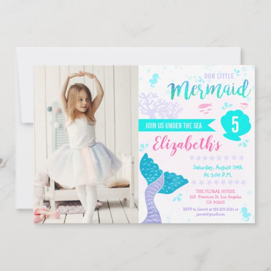 マーメイドまたはアンダーザシーアクアティール(緑がかった色)誕生日写真 招待状 (正面)