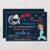 マーメイドまたはサメ誕生日の招待シャーク攻撃 招待状 (正面/裏面)