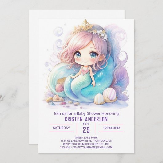 マーメイドよくはしゃぐスプラッシュ赤ちゃんシャワー 招待状 (正面/裏面)