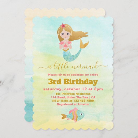 マーメイドをテーマにしたパーティー3rd誕生日招待状 招待状 (正面/裏面)