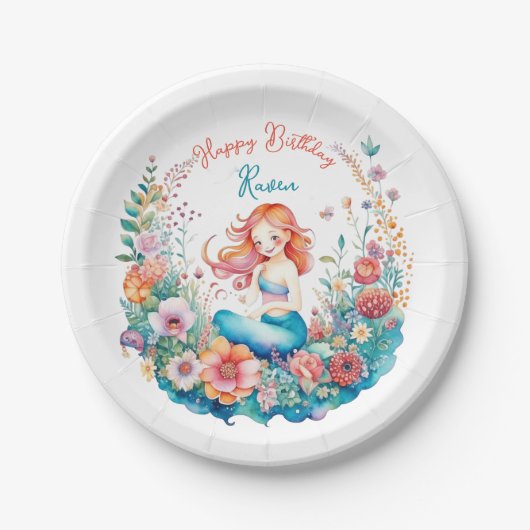 マーメイドをテーマにしたフローラガールズバースデーパーティー ペーパープレート (正面)