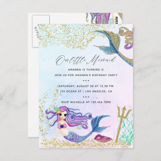 マーメイドをテーマにした誕生日パーティー ポストカード (正面/裏面)