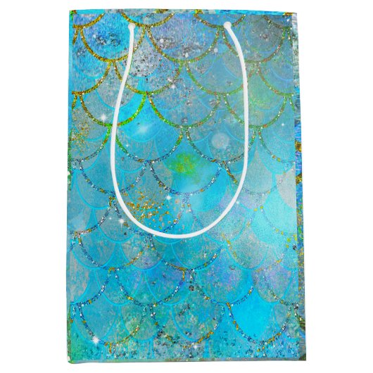 マーメイドアイリディジェンスパールきらめく誕生日パーティー ミディアムペーパーバッグ (正面)