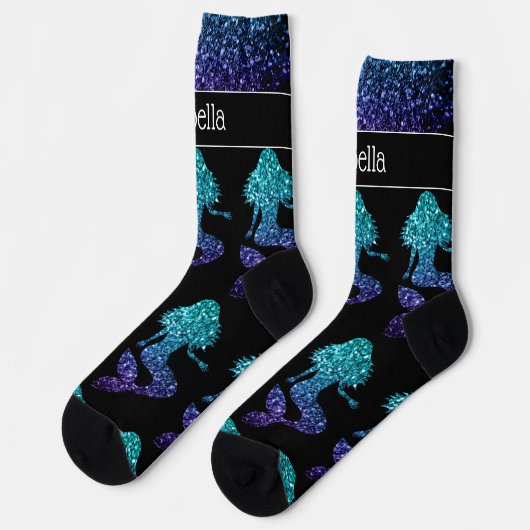 マーメイドアクアグラデーションブルースパークルスパタンお名前 ソックス (左)