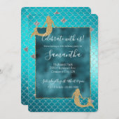 マーメイドアクアティール（緑がかった色）金ゴールドシルバースパークルグリッター 招待状 (正面/裏面)